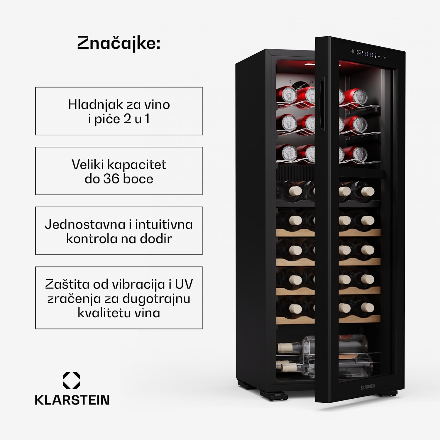 Klarstein Bovella 36 Duo+ hladnjak za vino značajke